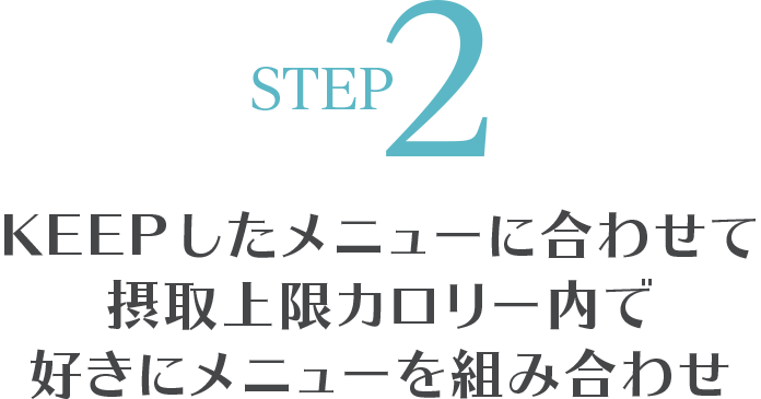 STEP2 KEEPしたメニューに合わせて摂取上限カロリー内で好きにメニューを組み合わせ